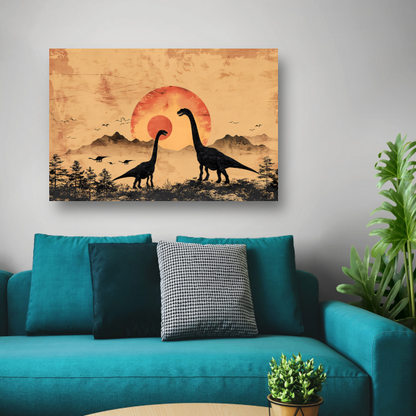 Silhouetten van dinosaurussen tijdens zonsondergang canvas
