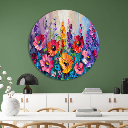 Kleurrijk schilderij van een bloemenveld aluminium muurcirkel