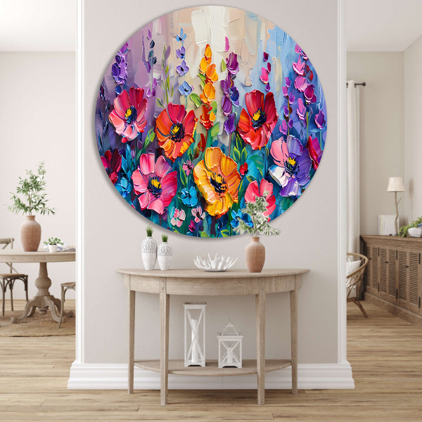 Kleurrijk schilderij van een bloemenveld aluminium muurcirkel