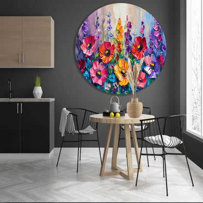 Kleurrijk schilderij van een bloemenveld aluminium muurcirkel