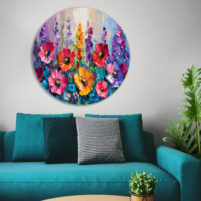 Kleurrijk schilderij van een bloemenveld aluminium muurcirkel