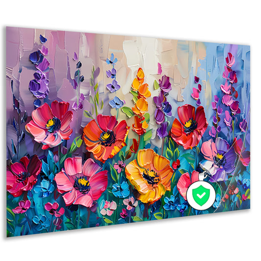 Kleurrijk schilderij van een bloemenveld poster