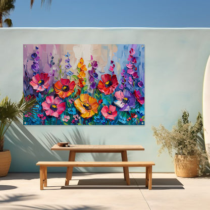 Kleurrijk schilderij van een bloemenveld tuinposter