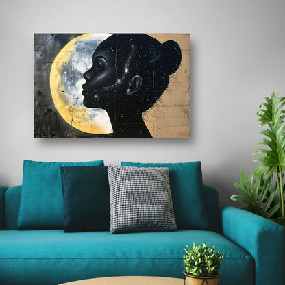 Silhouet van vrouw met sterren en maan poster