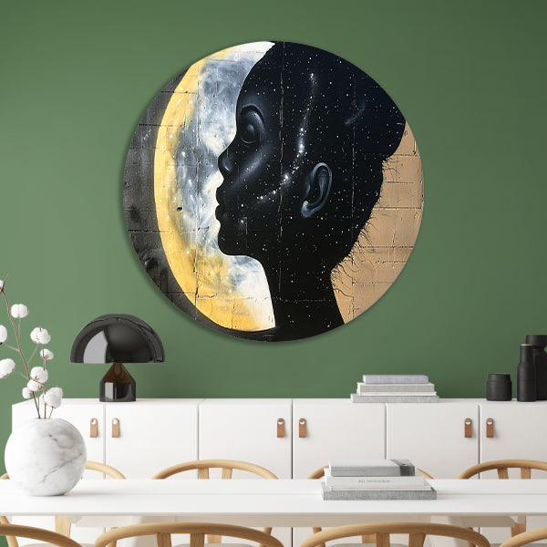 Silhouet van vrouw met sterren en maan aluminium muurcirkel