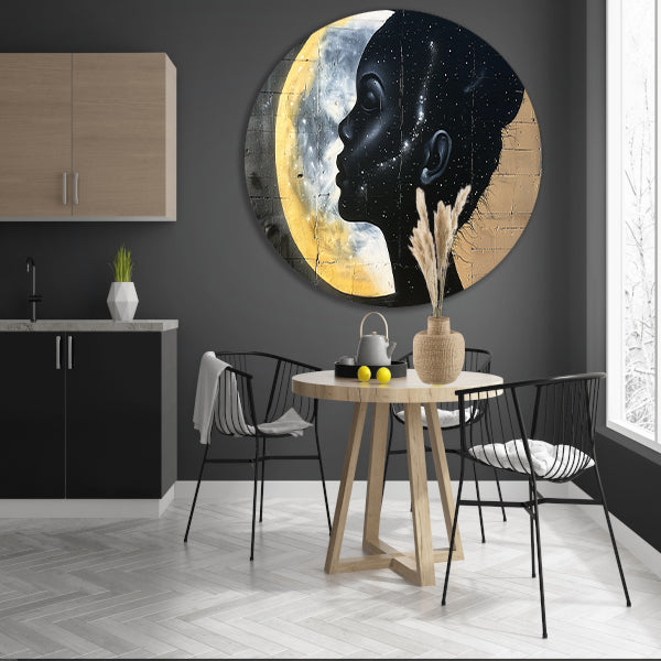 Silhouet van vrouw met sterren en maan aluminium muurcirkel