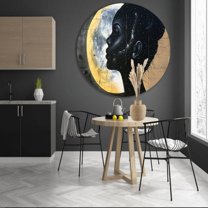 Silhouet van vrouw met sterren en maan aluminium muurcirkel