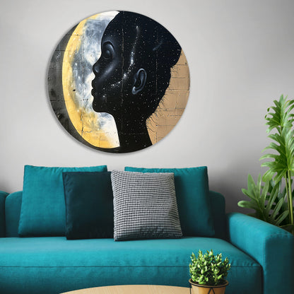 Silhouet van vrouw met sterren en maan aluminium muurcirkel