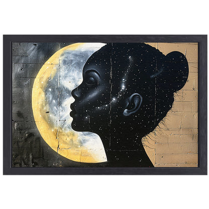 Silhouet van vrouw met sterren en maan canvas met baklijst