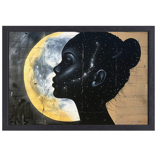 Silhouet van vrouw met sterren en maan canvas met baklijst