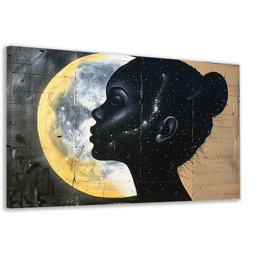 Silhouet van vrouw met sterren en maan canvas