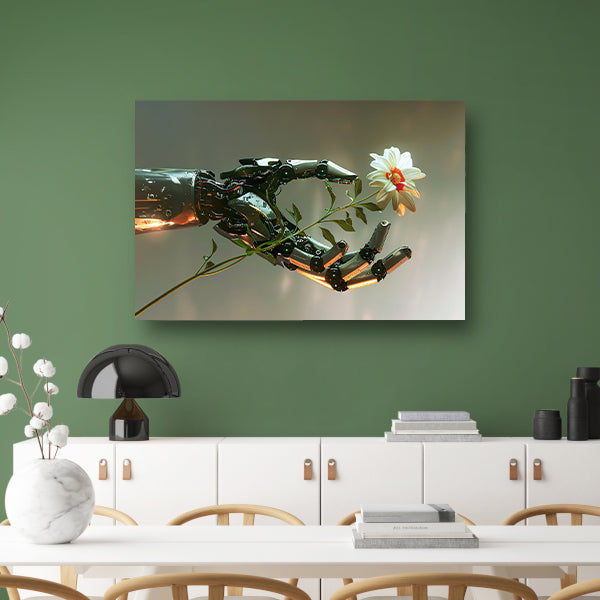 Hyperrealistische robotarm met bloem in contrast acrylglas