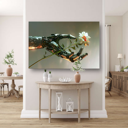 Hyperrealistische robotarm met bloem in contrast canvas