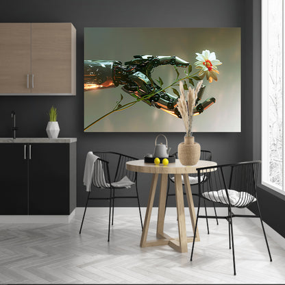 Hyperrealistische robotarm met bloem in contrast acrylglas