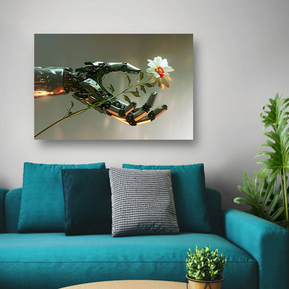 Hyperrealistische robotarm met bloem in contrast acrylglas