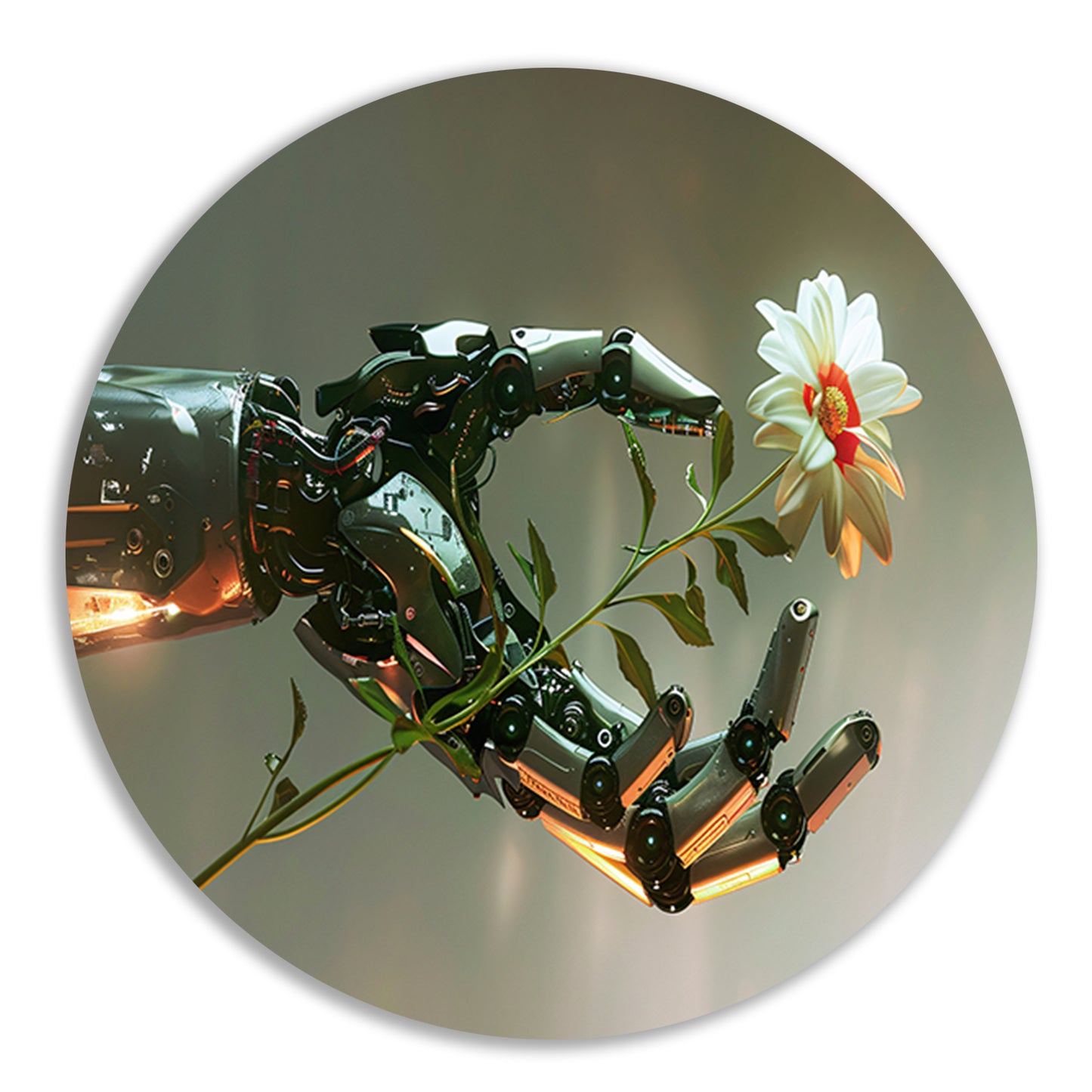 Hyperrealistische robotarm met bloem in contrast aluminium muurcirkel