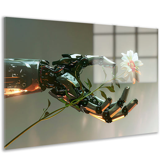 Hyperrealistische robotarm met bloem in contrast acrylglas