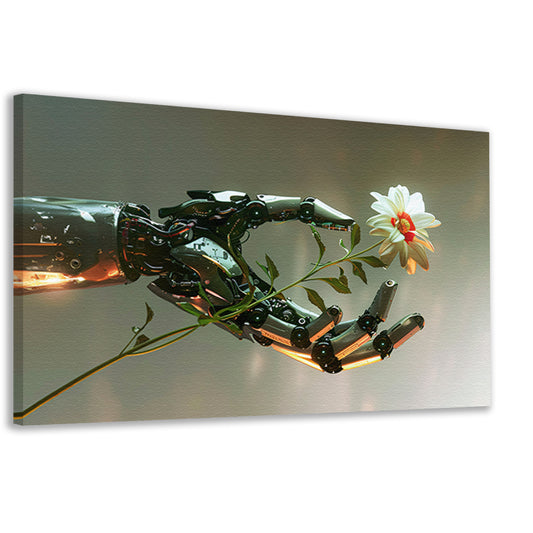 Hyperrealistische robotarm met bloem in contrast canvas