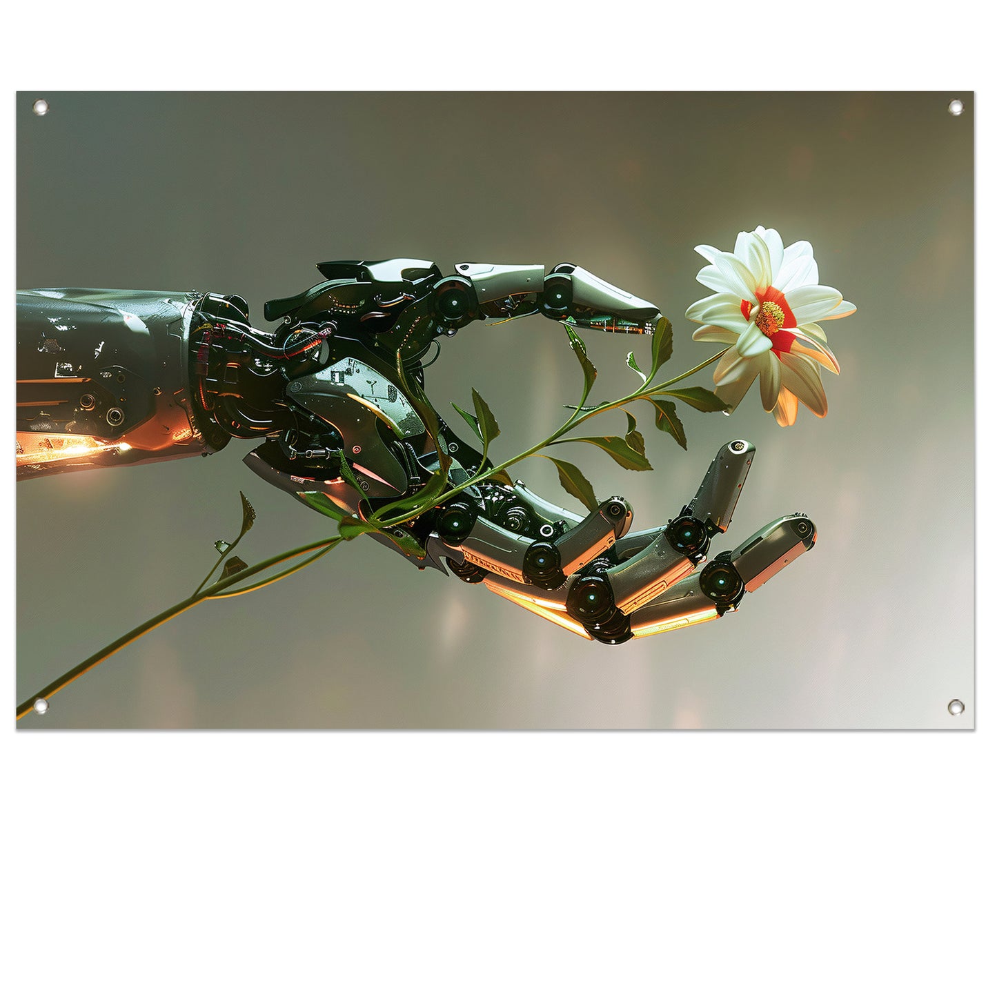 Hyperrealistische robotarm met bloem in contrast tuinposter