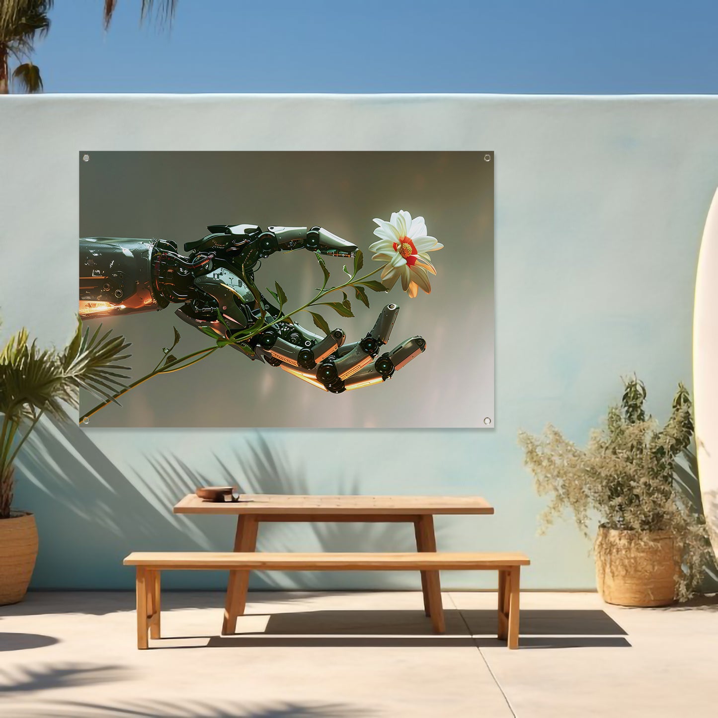 Hyperrealistische robotarm met bloem in contrast tuinposter