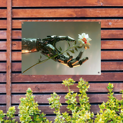 Hyperrealistische robotarm met bloem in contrast tuinposter