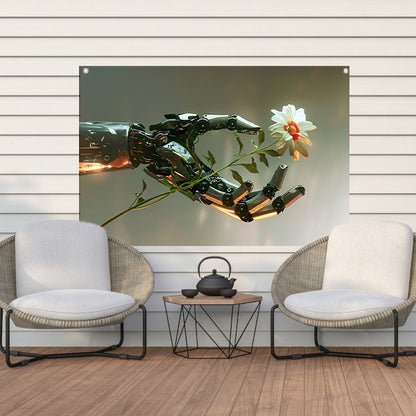 Hyperrealistische robotarm met bloem in contrast tuinposter