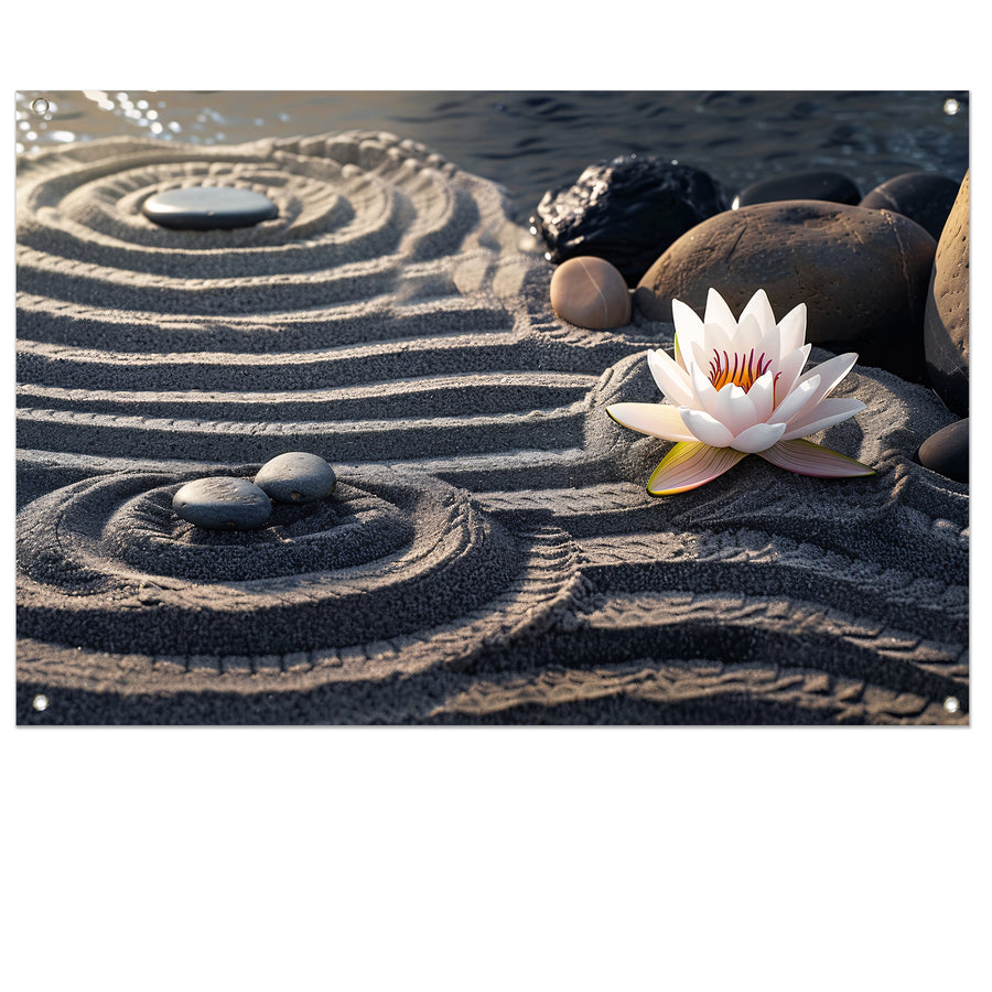 Zen tuin met bloem en stenen tuinposter