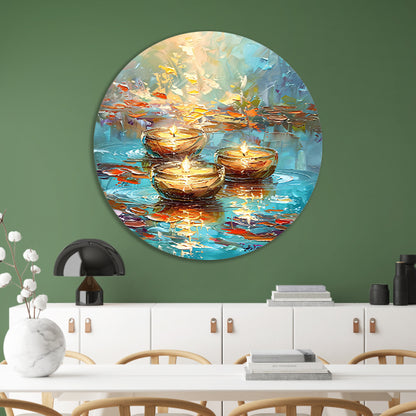Abstracte schilderij van drijvende kaarsen aluminium muurcirkel