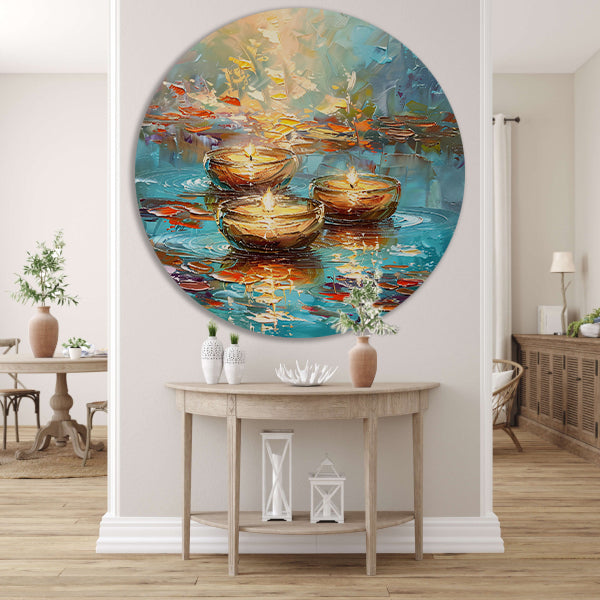Abstracte schilderij van drijvende kaarsen aluminium muurcirkel
