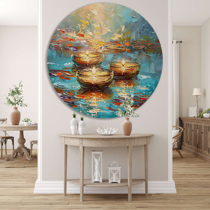 Abstracte schilderij van drijvende kaarsen aluminium muurcirkel