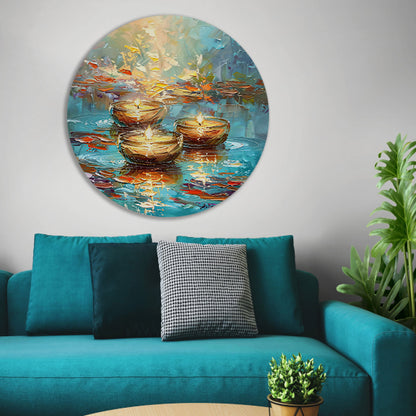 Abstracte schilderij van drijvende kaarsen aluminium muurcirkel