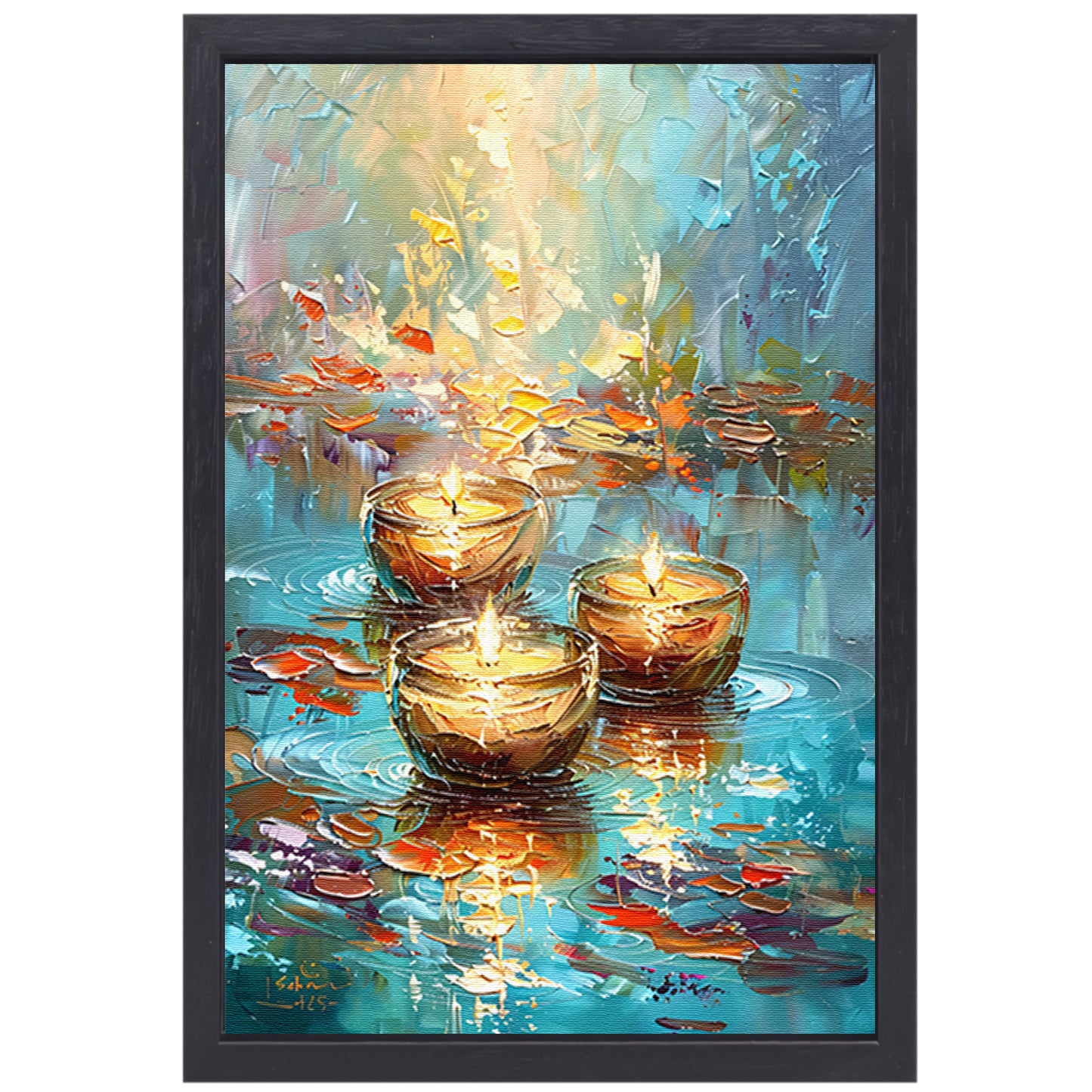 Abstracte schilderij van drijvende kaarsen canvas met baklijst