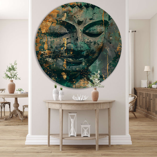 Mysterieuze Boeddha in rustieke kleuren aluminium muurcirkel