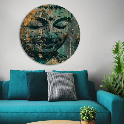 Mysterieuze Boeddha in rustieke kleuren aluminium muurcirkel