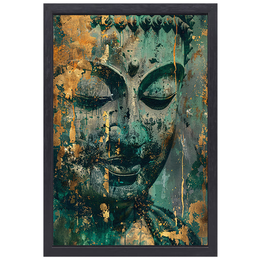 Mysterieuze Boeddha in rustieke kleuren canvas met baklijst