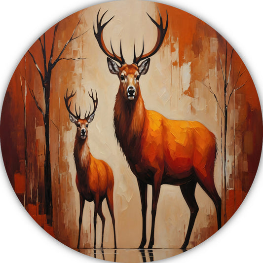 Elegante herten in oranje herfstglorie aluminium muurcirkel