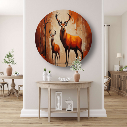 Elegante herten in oranje herfstglorie aluminium muurcirkel