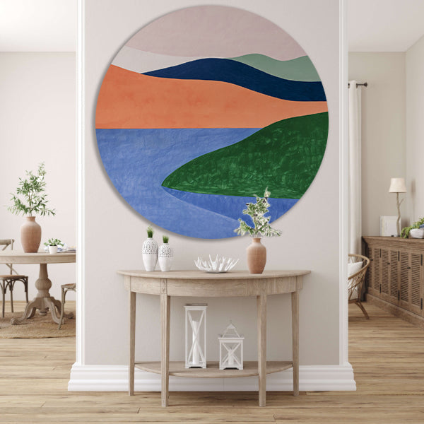 Minimalistisch landschap met serene kleuren aluminium muurcirkel