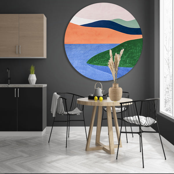 Minimalistisch landschap met serene kleuren aluminium muurcirkel