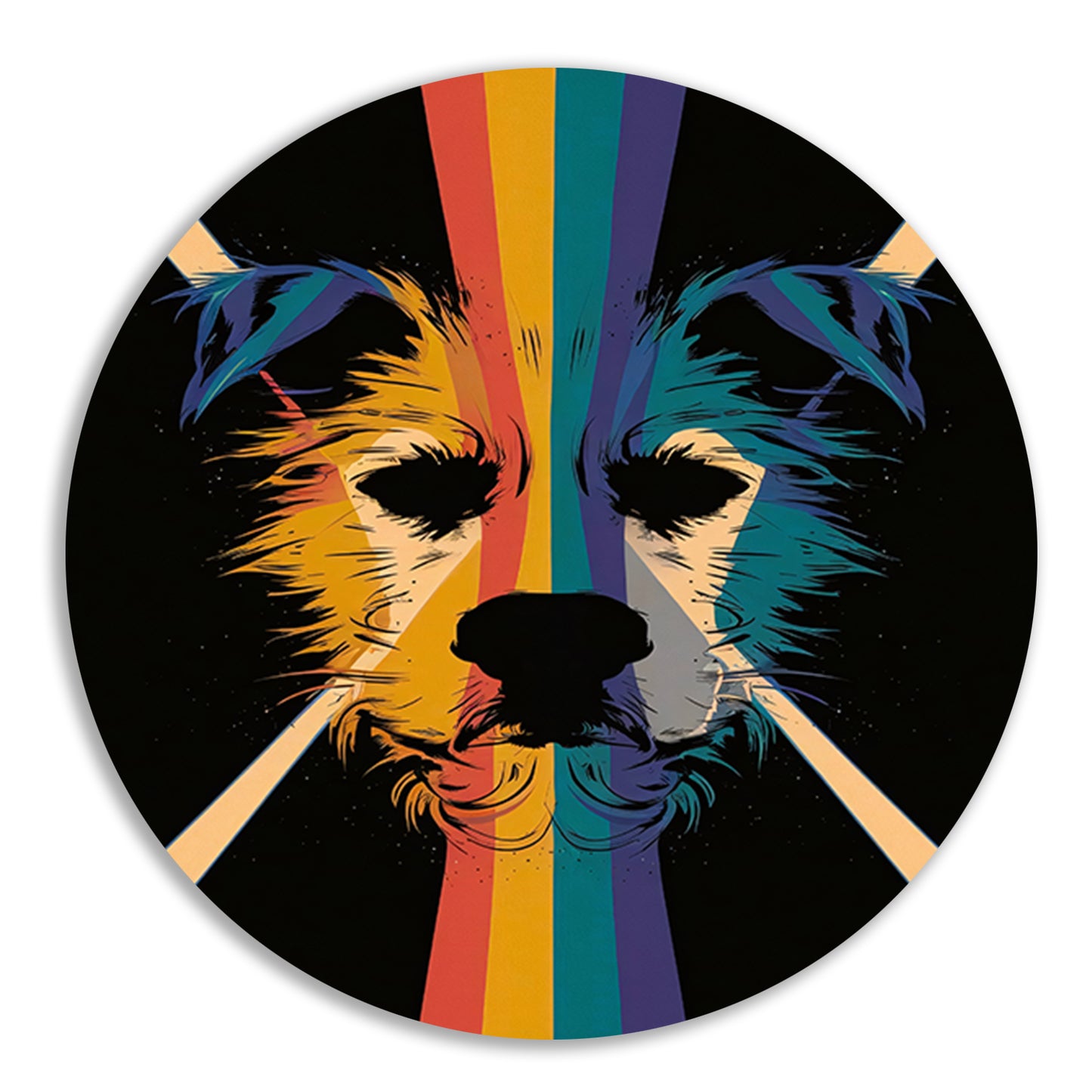 Kleurrijke en abstracte hond in kunstwerk aluminium muurcirkel