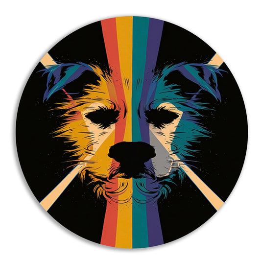 Kleurrijke en abstracte hond in kunstwerk aluminium muurcirkel