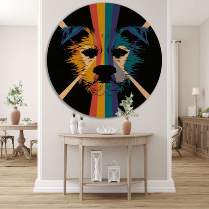 Kleurrijke en abstracte hond in kunstwerk aluminium muurcirkel