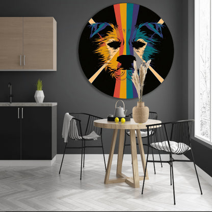 Kleurrijke en abstracte hond in kunstwerk aluminium muurcirkel