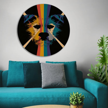 Kleurrijke en abstracte hond in kunstwerk aluminium muurcirkel