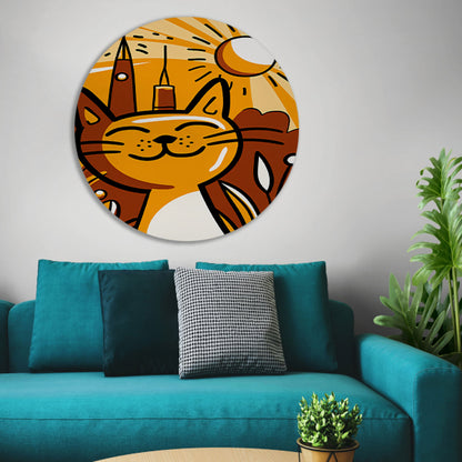Vrolijk minimalistisch schilderij van een kat aluminium muurcirkel