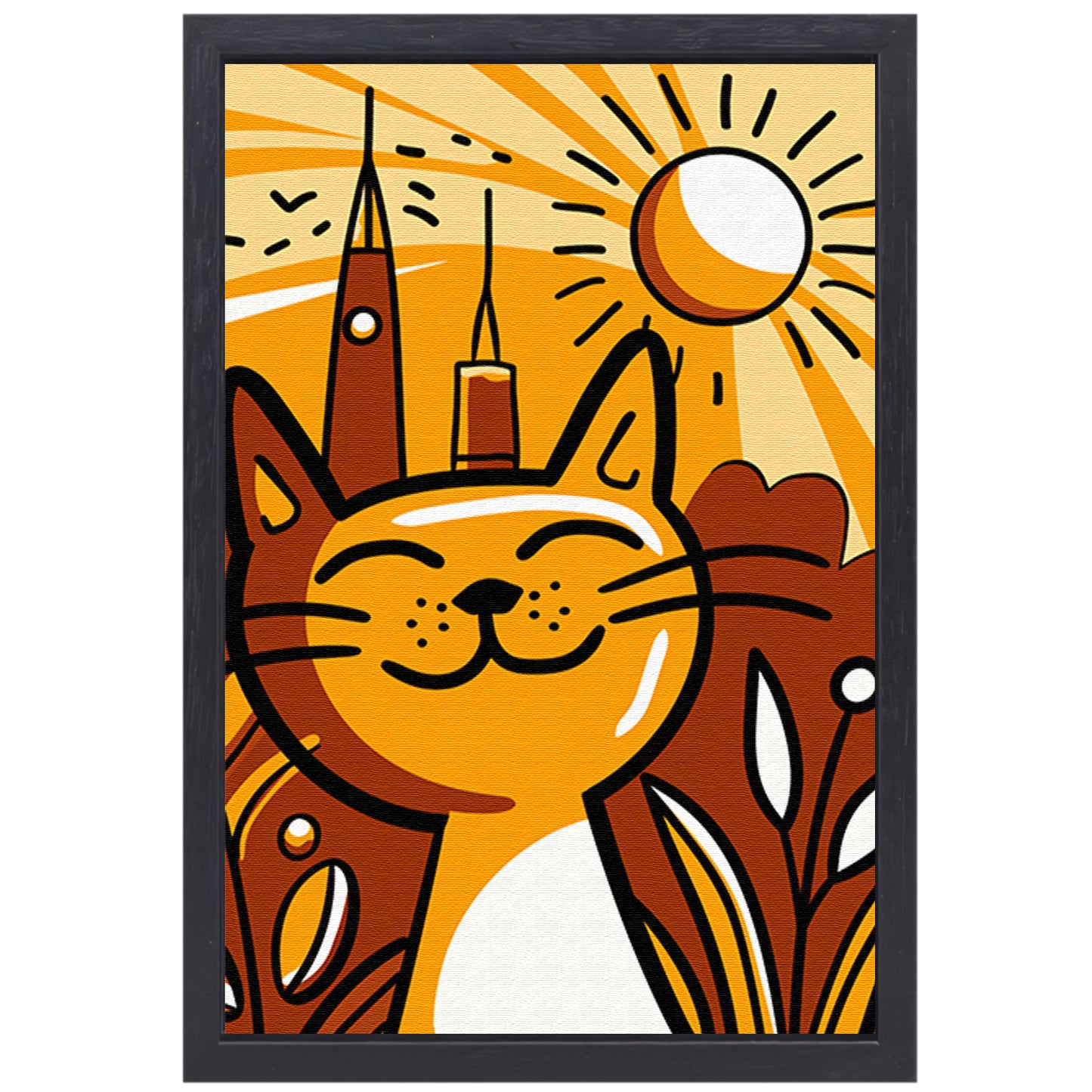 Vrolijk minimalistisch schilderij van een kat canvas met baklijst