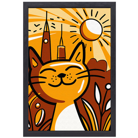 Vrolijk minimalistisch schilderij van een kat canvas met baklijst