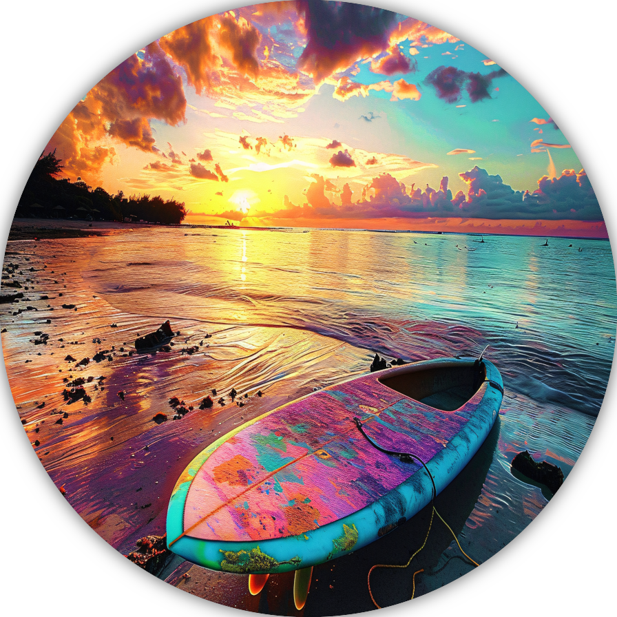 Zonsondergang met Surfplank forex muurcirkel