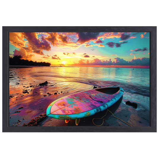 Zonsondergang met Surfplank canvas met baklijst