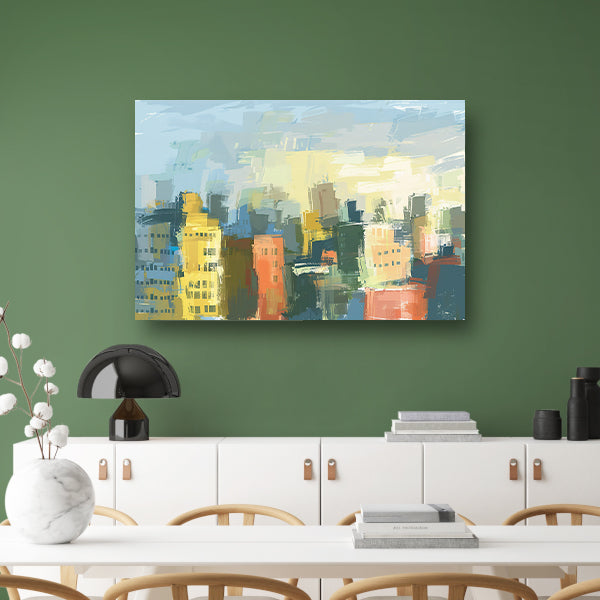 Kleurrijk abstracte skyline schilderij op doek poster